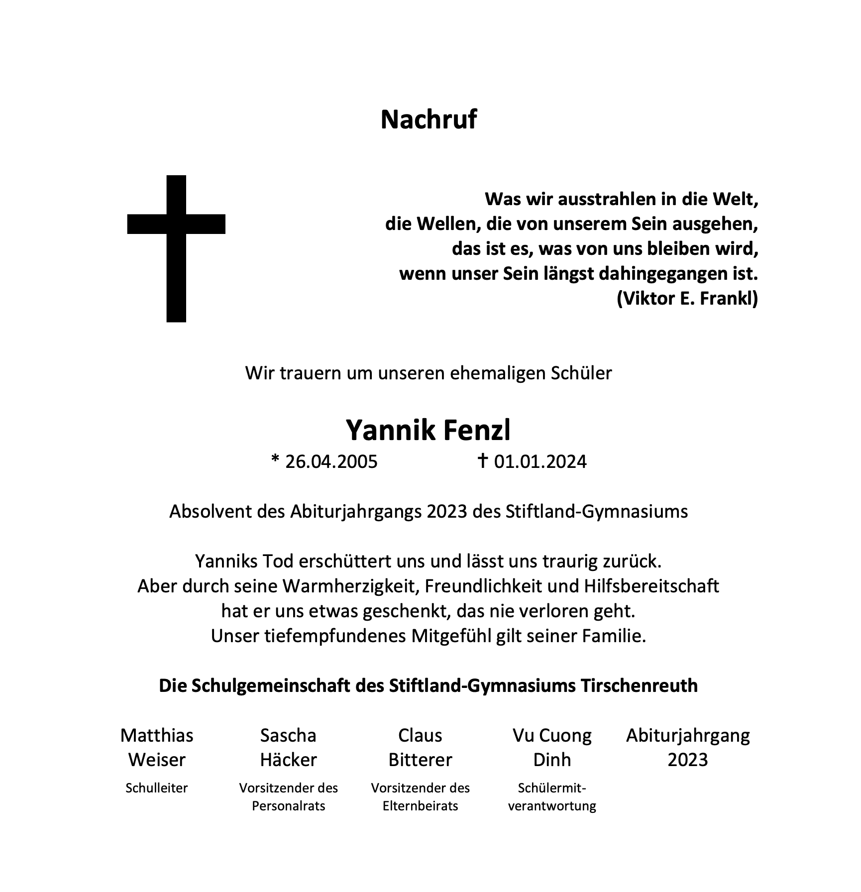 Nachruf Yannik Fenzl